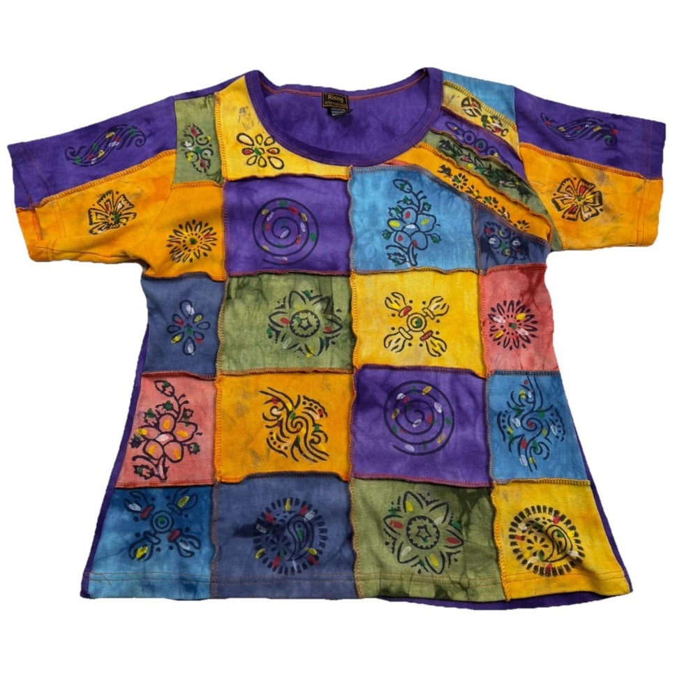 VTG Handmade Rising International Patchwork Tie-Dye Boho Tee Y2K Women's Sz L
